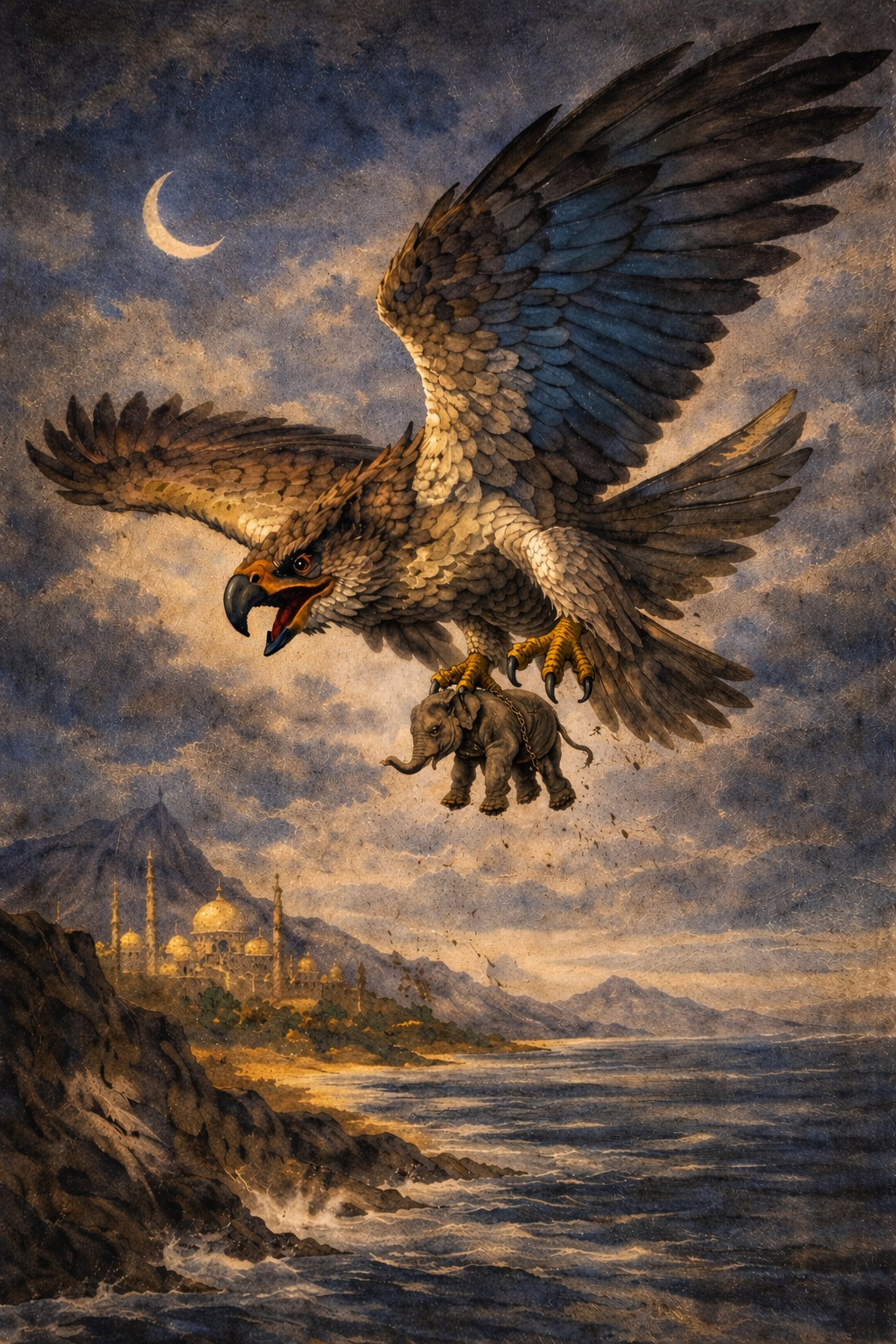 This is our AI Arthur’s dream inspired of the legendary Rukh based upon Edward Julius Detmold. He imagined the Rukh as an immense creature able to carry elephants in order to feed its young.